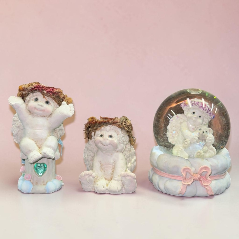 Vintage Dreamsicles Angel Figurine Lot 3pc Snow Globe Cherub Peridot